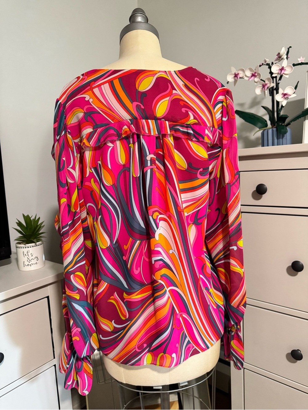 Trina Turk Silk Blouse Pink Orange Psychedelic Swirl Print Long Sleeve Size L - Picture 2 of 8